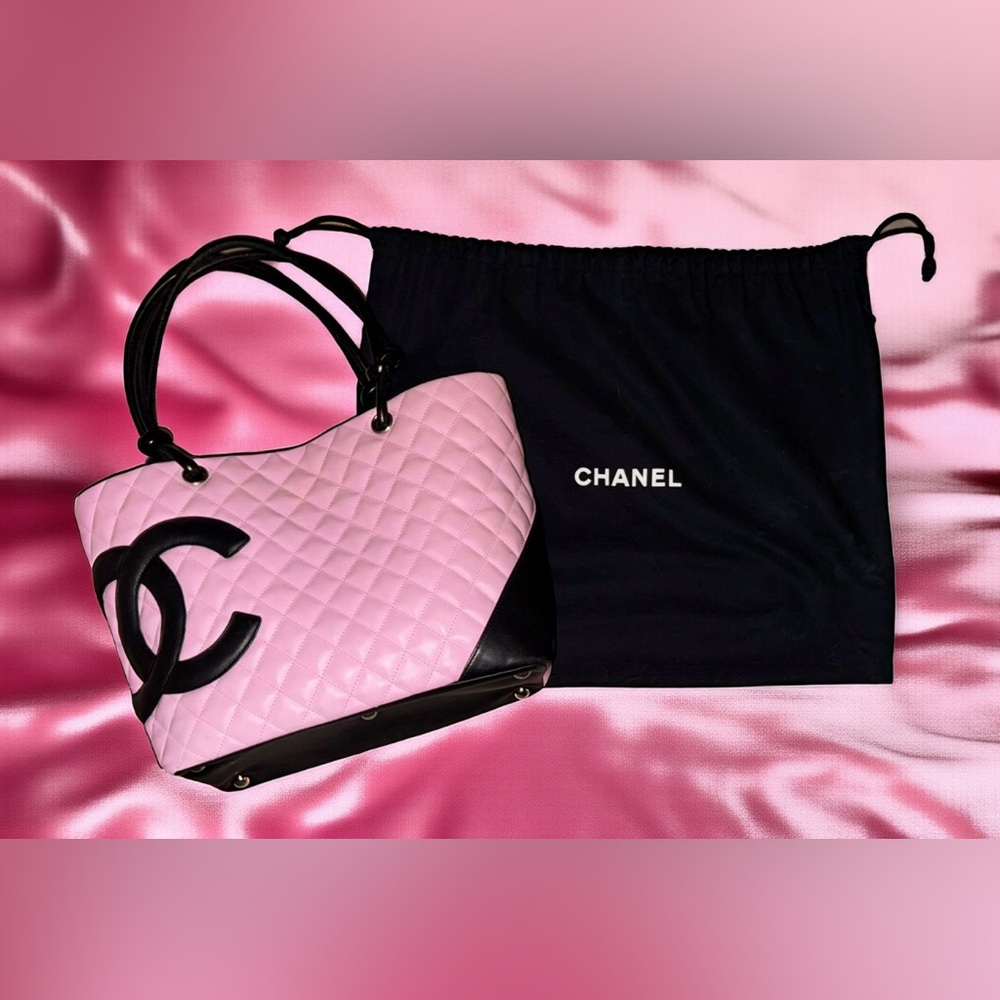 Chanel Cambon Pink Black Lambskin Cambon Ligne Large Tote Handbag